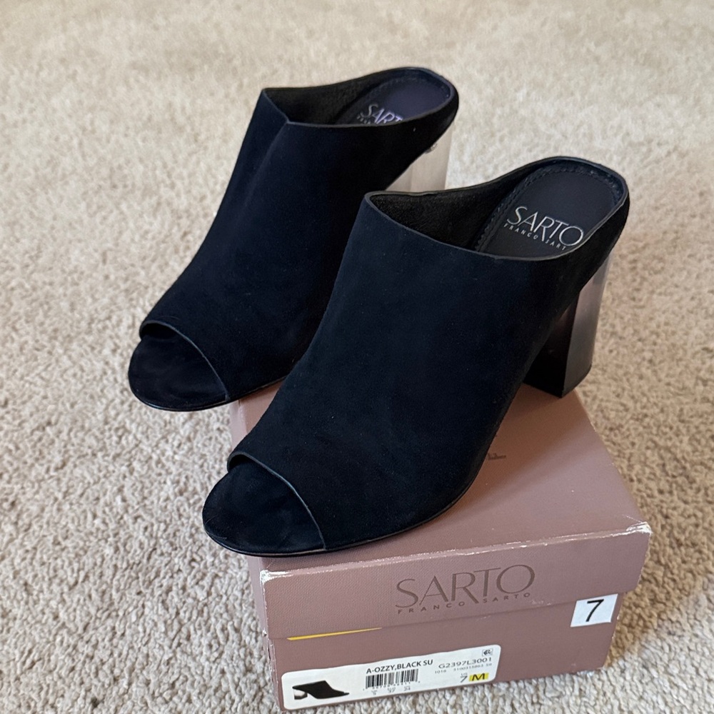 Franco Sarto Black Peep-Toe Heeled Mules